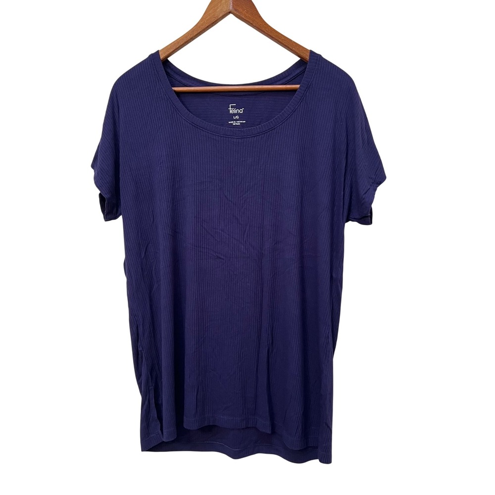 Felina Womens Ribbed Knit Scoop Neck T-Shirt Navy Blue Short Sleeve Top L Casual